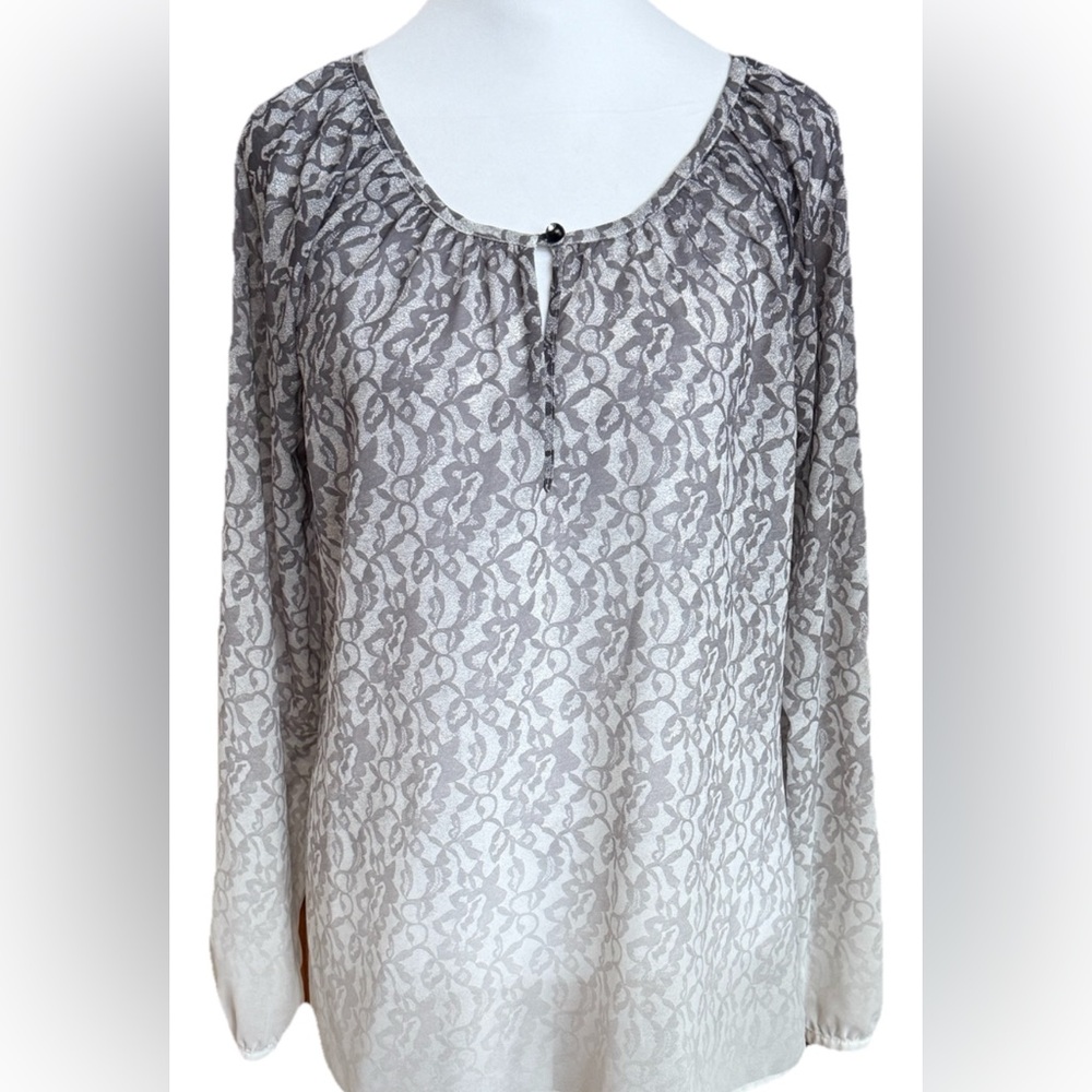 SANCTUARY Gray + White Lace Ombré Pattern Chiffon Long Sleeve Blouse Small